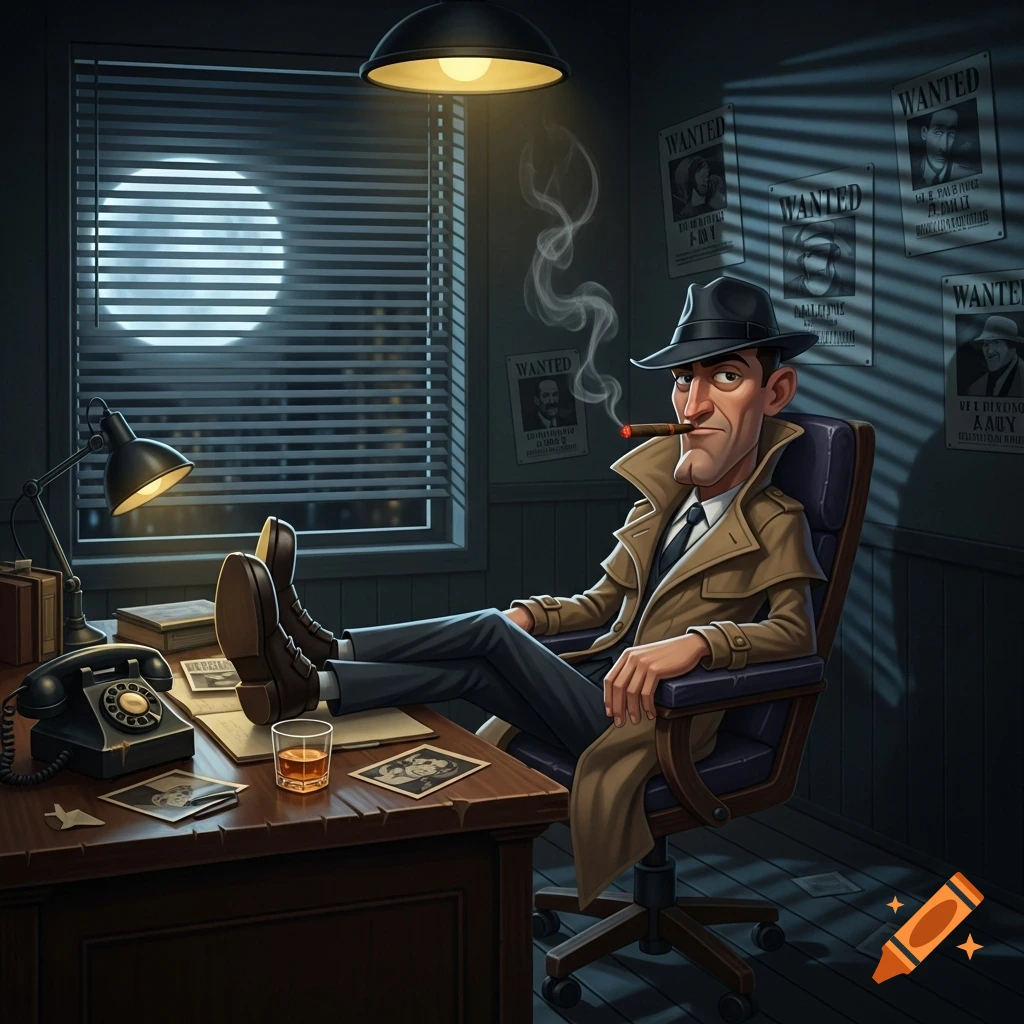 A cartoon private detective with a cigar and drink, feet on his desk in a moody, dimly lit 1930s office with wanted posters on the wall and moonlight through blinds.