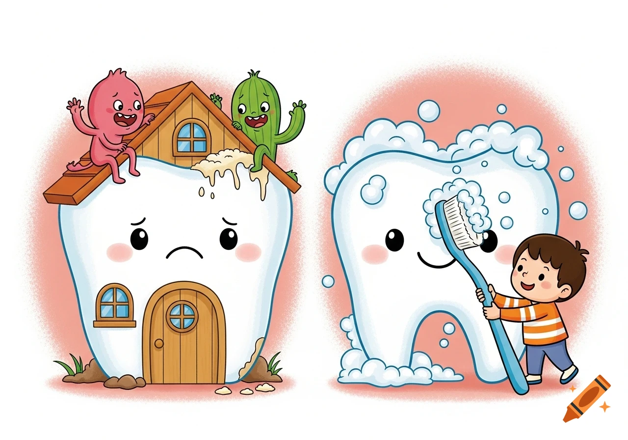A cartoon illustration showing a sad tooth-house being damaged by two mischievous germs on the left, and a happy tooth being brushed by a smiling child on the right.