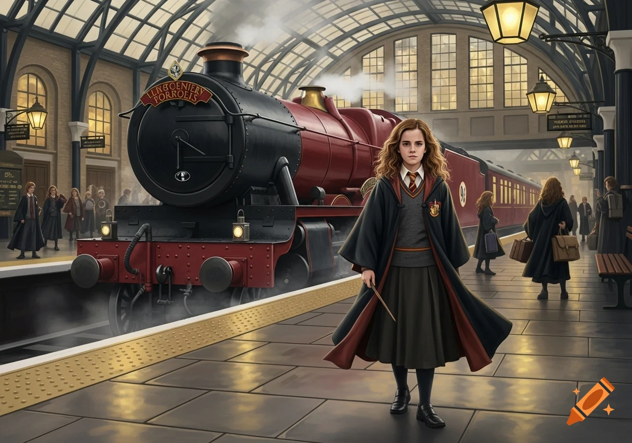 Hermione Granger stands on a train platform next to the Hogwarts Express, holding a wand, in an illustrated style.