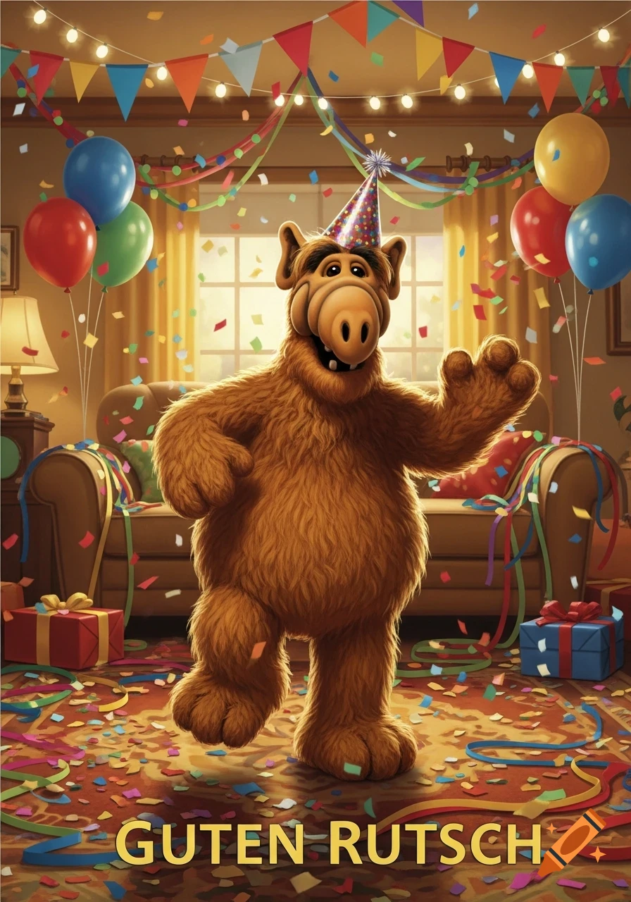 Alf, the furry alien, wearing a party hat, waves in a confetti-filled room with balloons and "GUTEN RUTSCH" text.