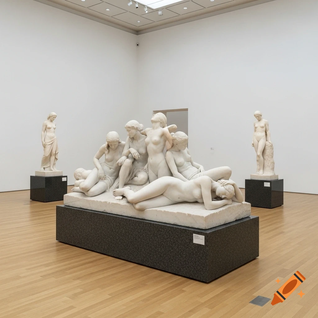 A museum gallery with several classical marble sculptures of nude and semi-nude female figures on dark pedestals.