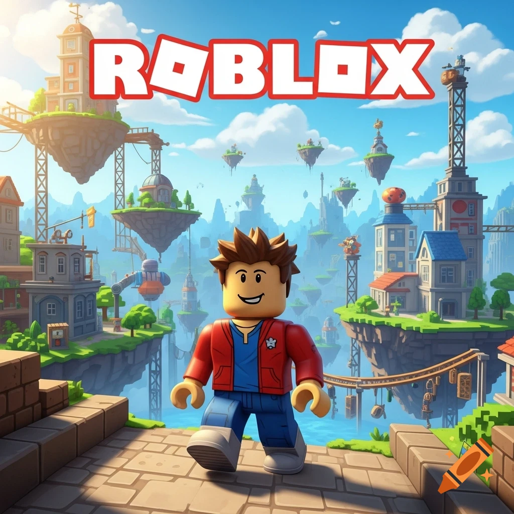 A Roblox character stands on a paved path in a whimsical floating island world with the text 'ROBLOX' above.
