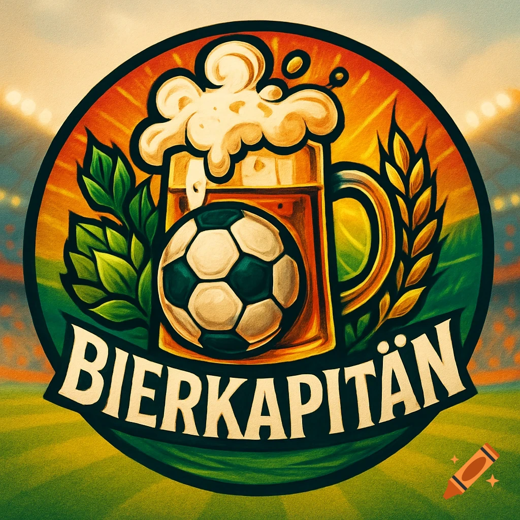 Round logo with a soccer ball, frothy beer mug, hop leaves, and wheat stalks, with 'BIERKAPITÄN' text, set against a soccer stadium background.