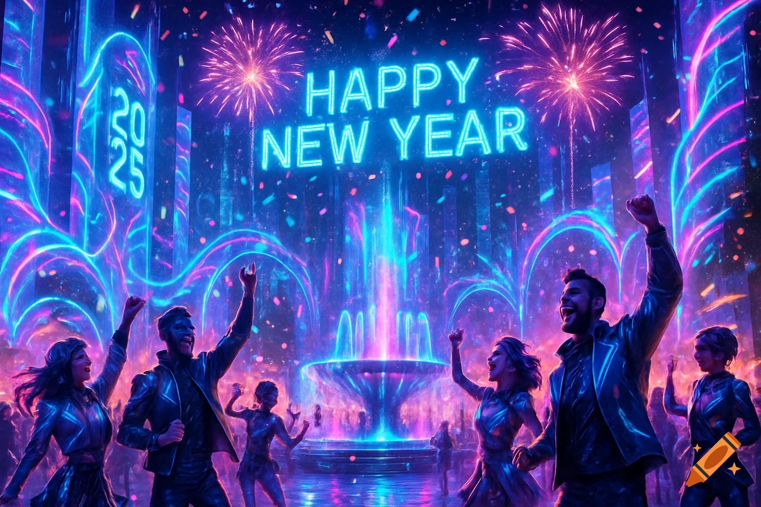 Vibrant New Year's Eve celebration with people cheering, neon city lights, fireworks, and a 'HAPPY NEW YEAR 2025' sign.