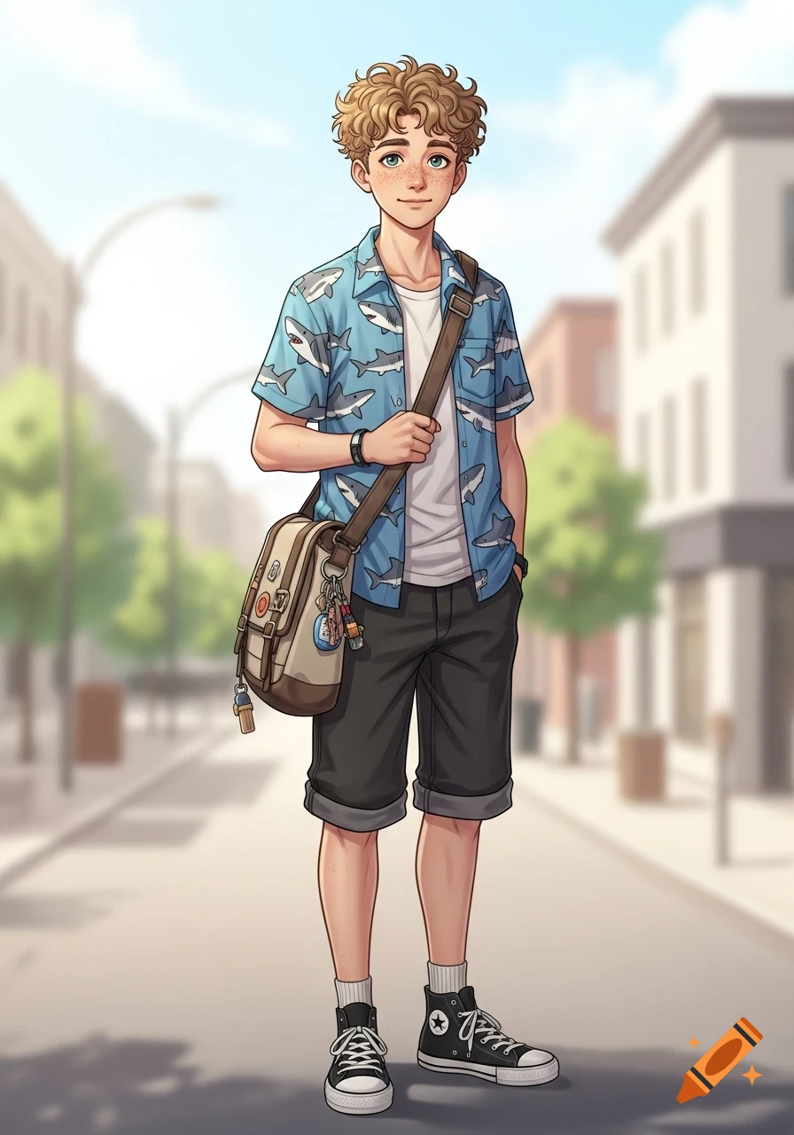 A curly-haired teenage boy with freckles smiles, wearing a shark-print shirt, dark shorts, sneakers, and a messenger bag, in an anime style.