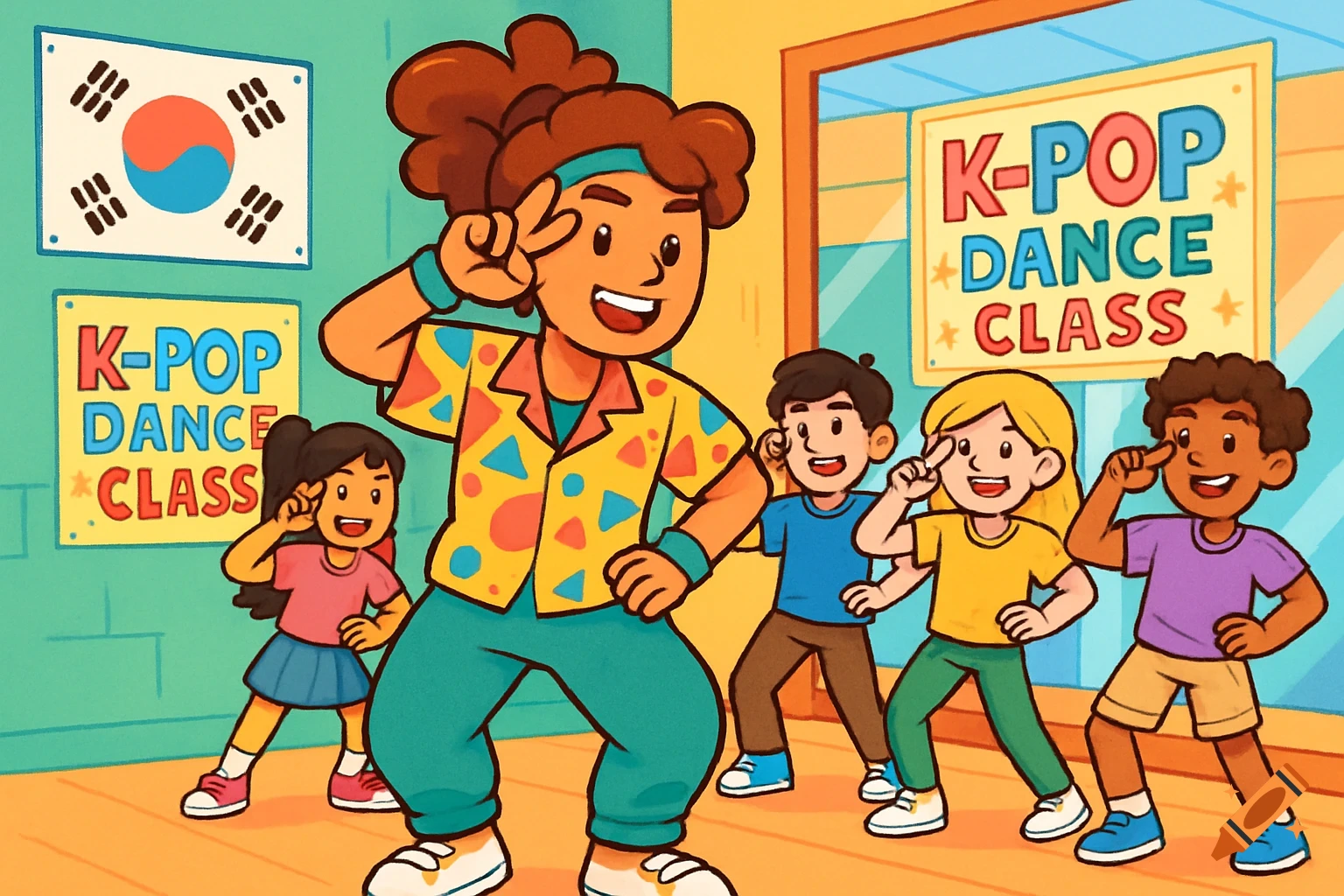 A bright cartoon illustration of an adult instructor teaching K-pop dance moves to a diverse group of children in a classroom with K-POP DANCE CLASS posters and a Korean flag.