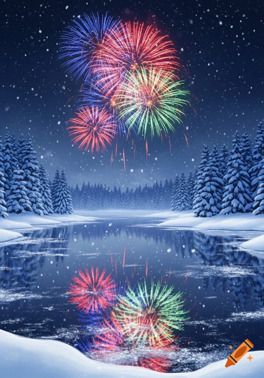 Colorful fireworks explode over a snowy winter landscape, illuminating snow-covered trees and reflecting in a partially frozen lake under a dark, starry sky.