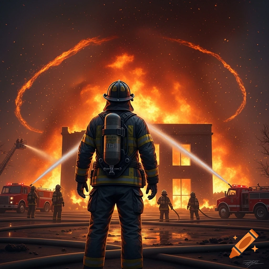 A photorealistic image of a firefighter facing a large building engulfed in flames. Other firefighters and fire trucks are in the background.