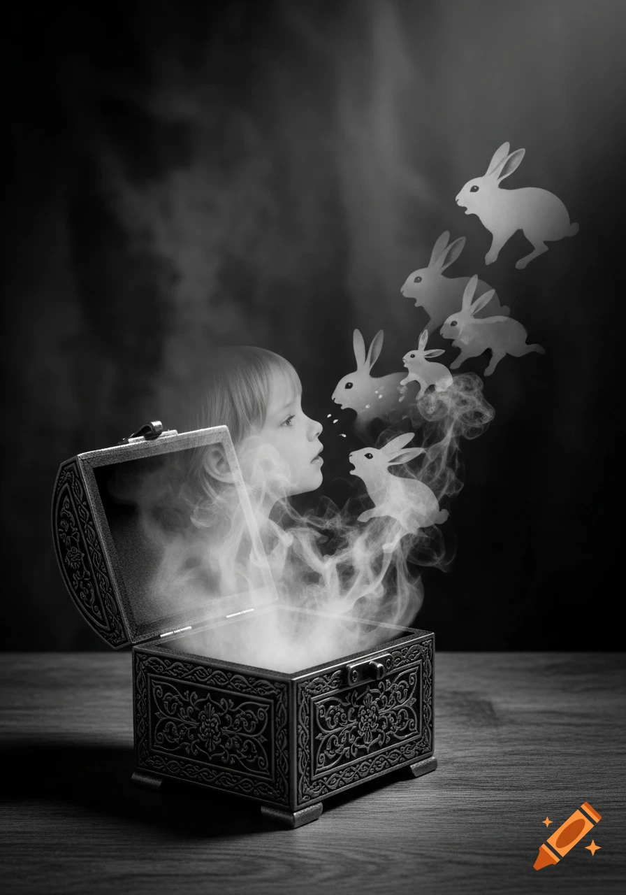 A child's face emerges from a smoke-filled ornate box, transforming into floating rabbits in a surreal black and white photograph.