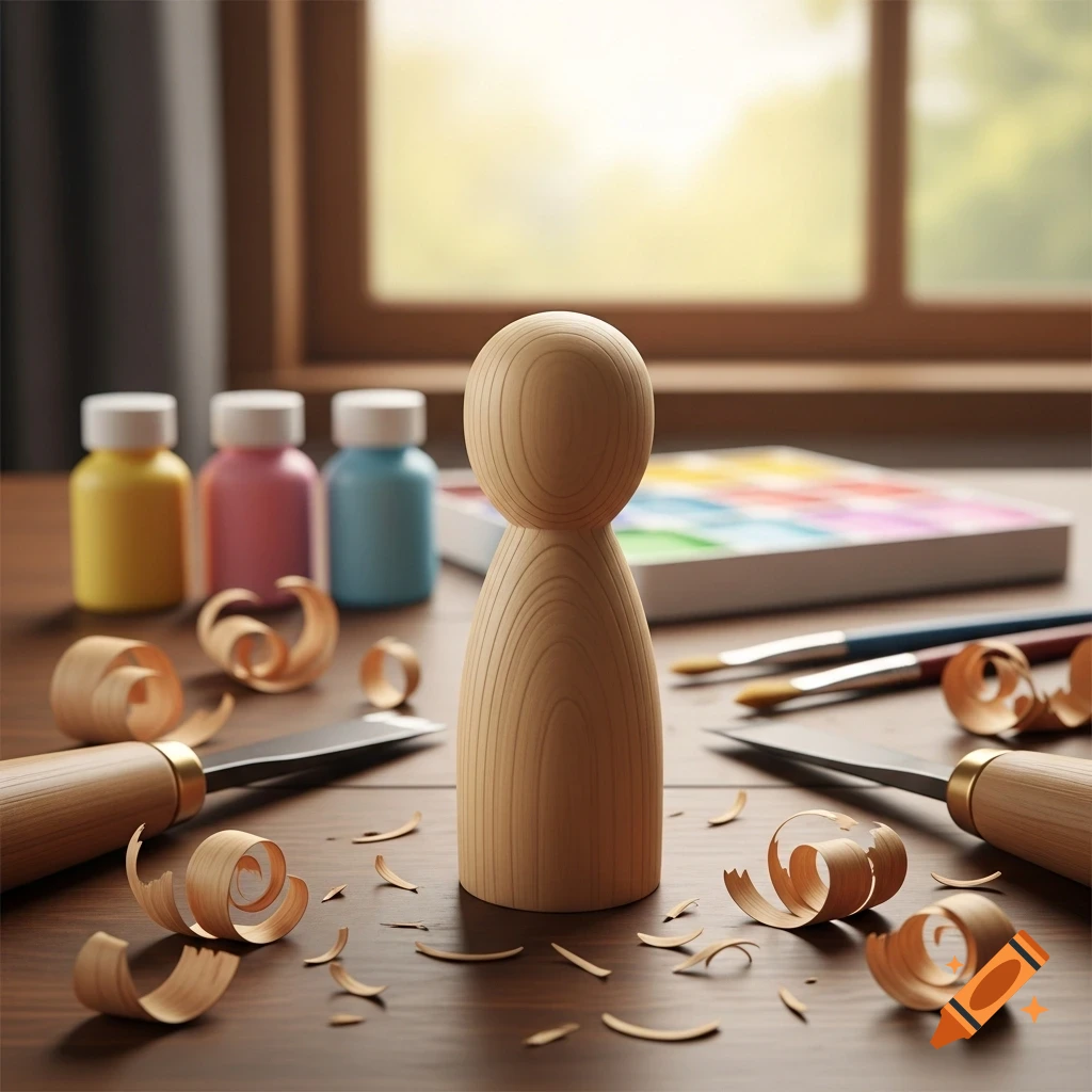 A wooden peg doll stands on a table, surrounded by wood shavings, carving tools, and small paint bottles, bathed in sunlight.