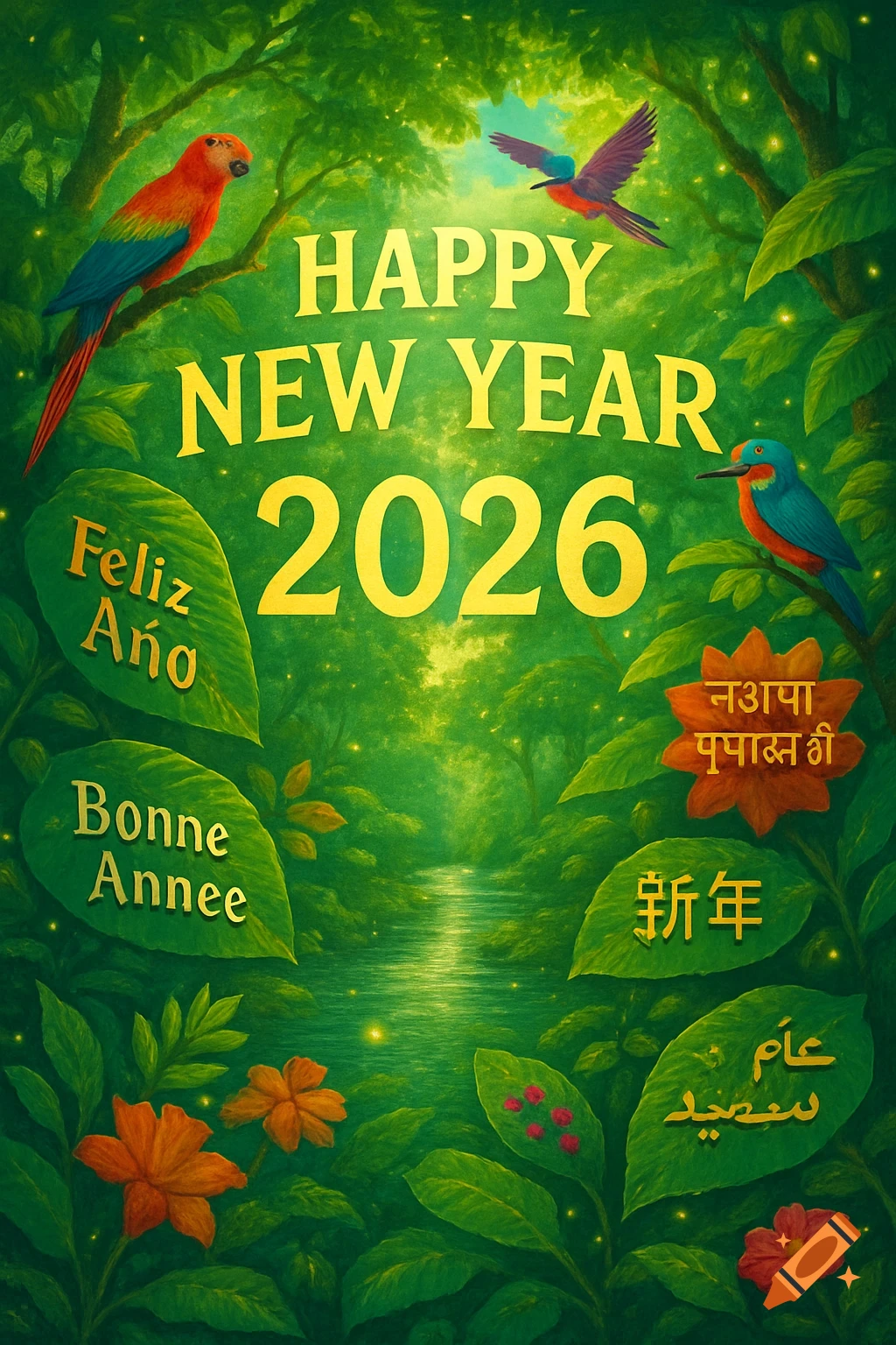 Happy New Year 2026 greeting card in a lush Amazon jungle setting with colorful parrots and a river. Text in multiple languages appears on large green leaves and flowers.