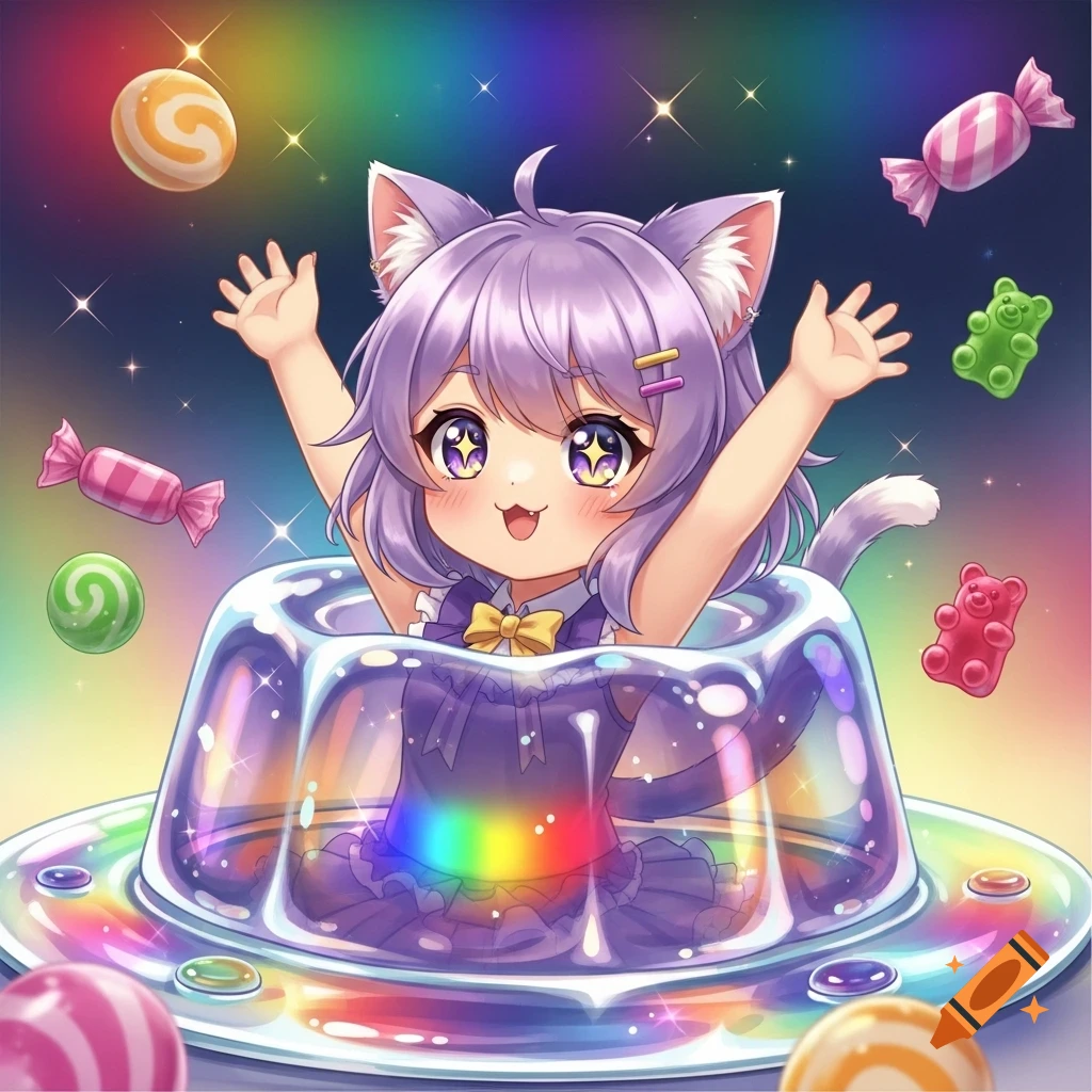 Cute anime catgirl with purple hair and cat ears in rainbow jello, happily raising hands amidst floating colorful candies.
