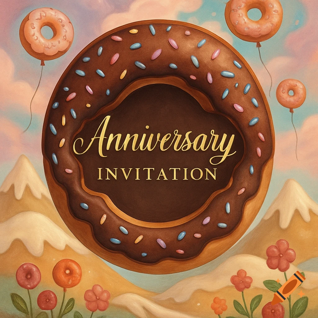 Whimsical illustration of a chocolate donut with sprinkles, text 'Anniversary INVITATION', donut balloons in a candy landscape.