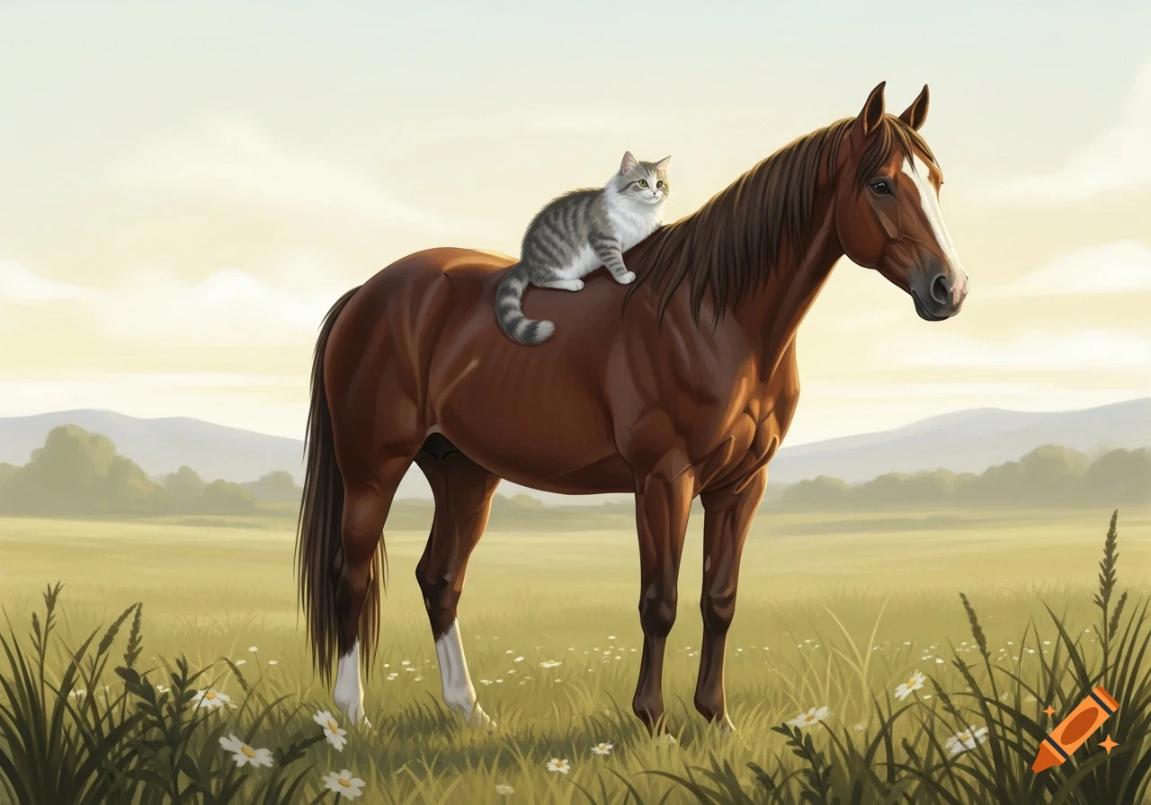 A brown horse with a white blaze stands in a grassy field, a striped tabby cat calmly seated on its back.
