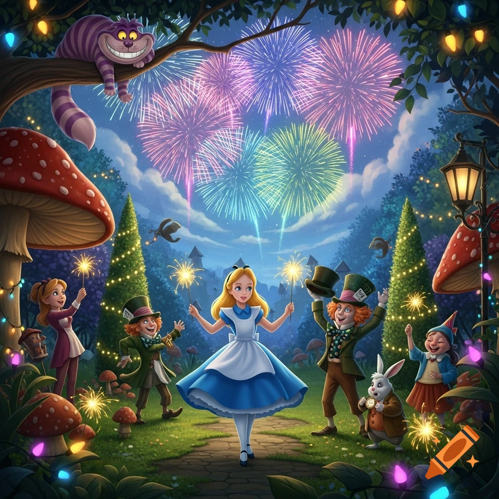 Alice and Wonderland characters like the Mad Hatter and Cheshire Cat celebrate in a whimsical forest with sparklers and colorful fireworks.