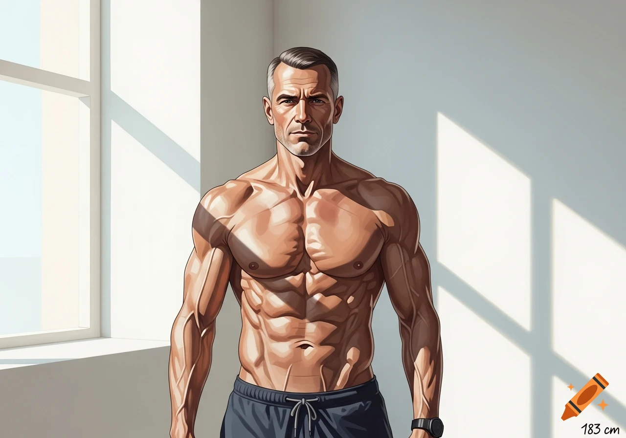 Muscular man with gray hair in black shorts standing in a bright room with window light.