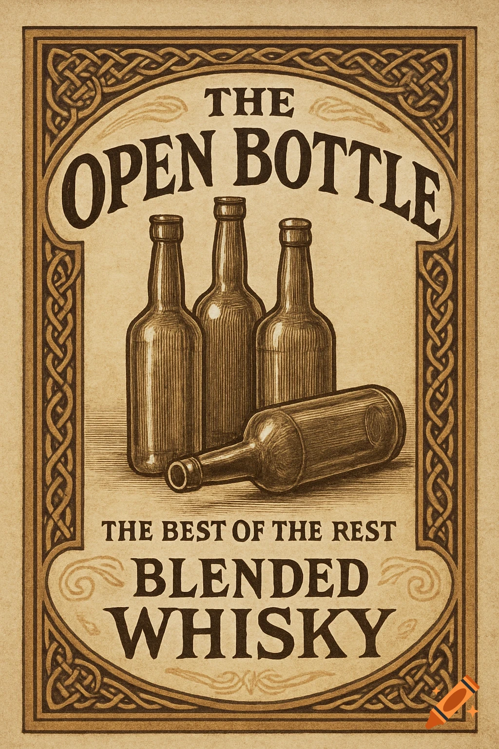 Vintage whisky label for 'The Open Bottle Blended Whisky' with four bottles and a Celtic knot border.