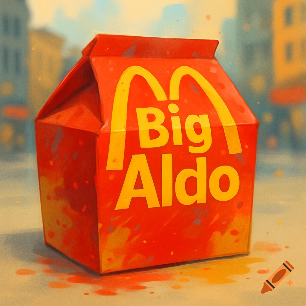 A red McDonald's-style fast-food box with yellow arches and "Big Aldo" text, against a blurry city street background.
