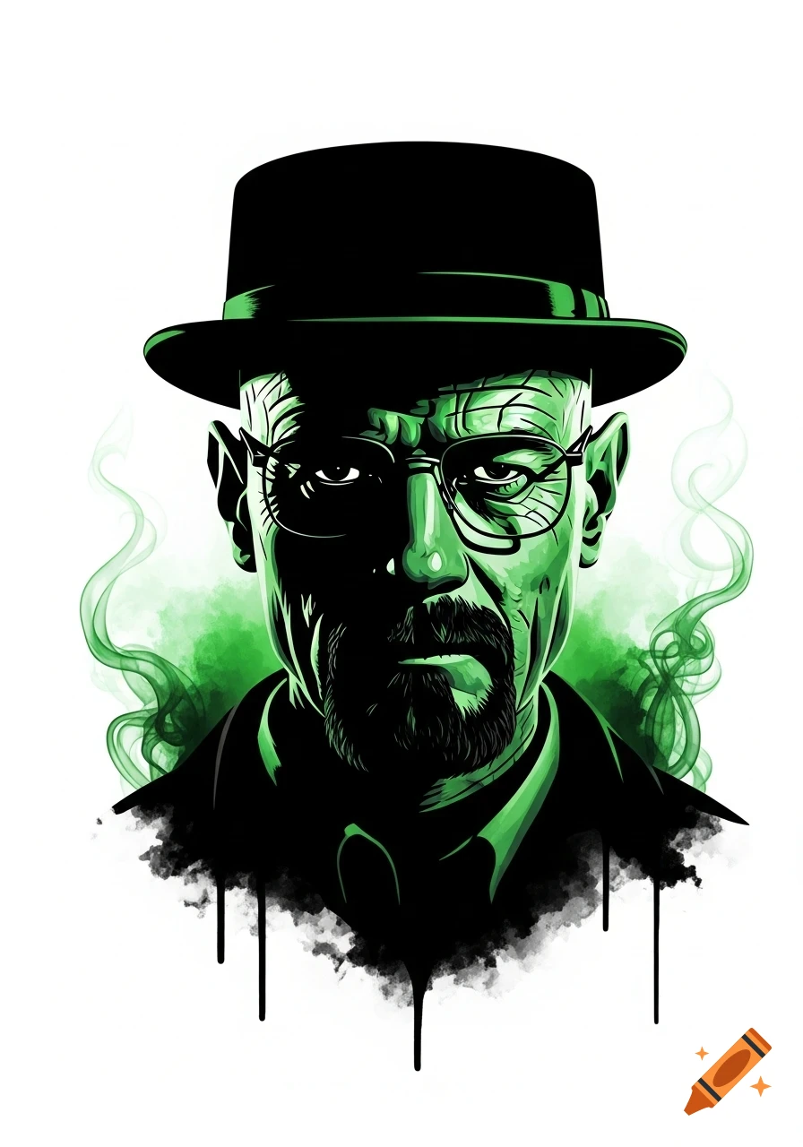 Stylized black and green illustration of Walter White in a hat and glasses with smoke and ink drip effects.