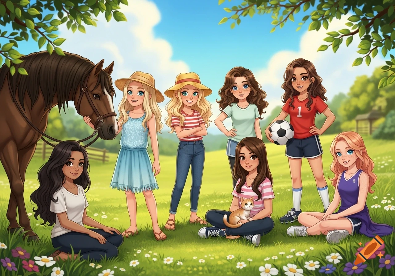 Seven cartoon girls, a horse, and a cat are in a sunny grassy field with trees. One girl holds a soccer ball.