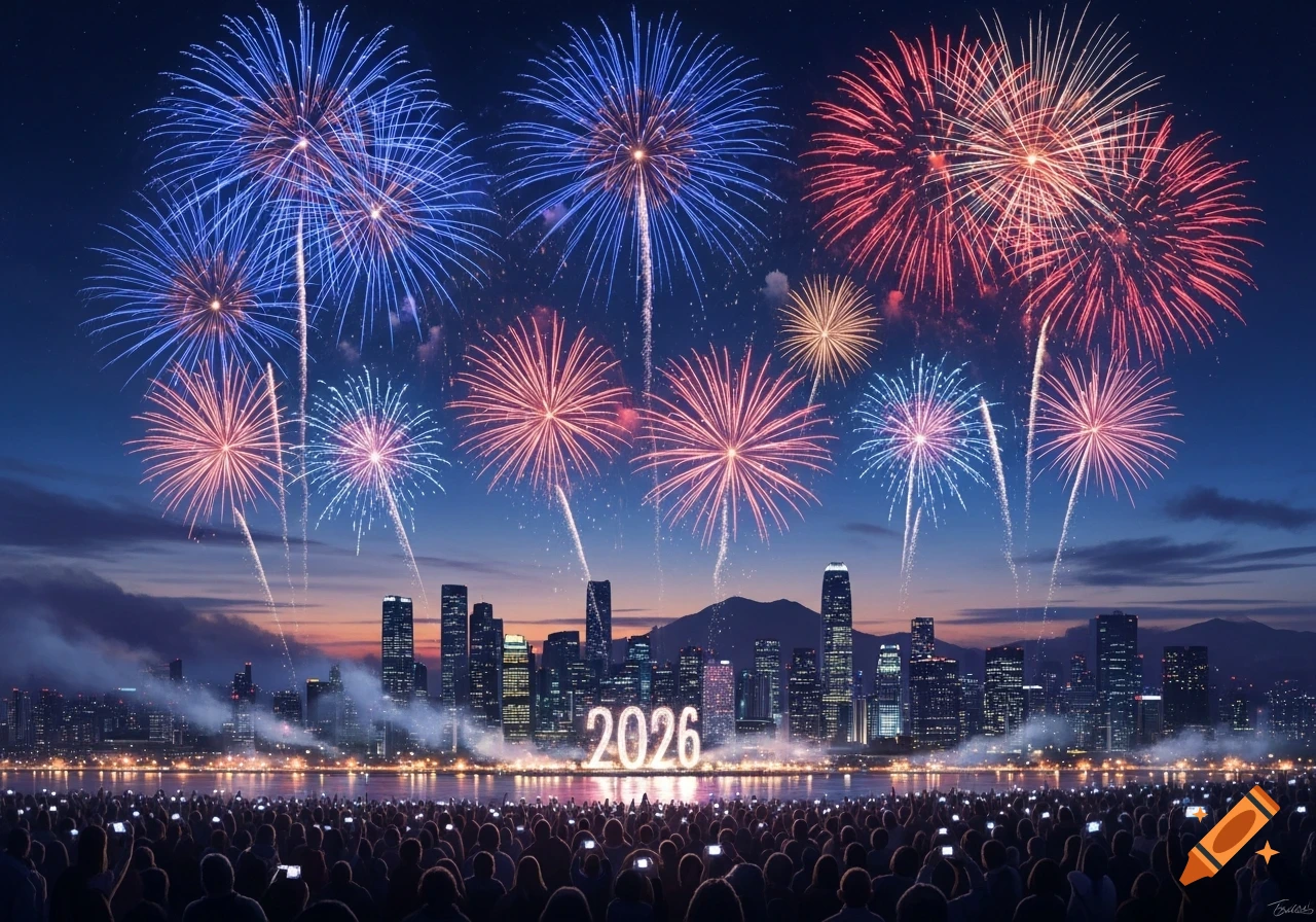 A large crowd gathers to watch a vibrant fireworks display over a modern city skyline at dusk, with the year '2026' illuminated prominently in the foreground, celebrating New Year's Eve.