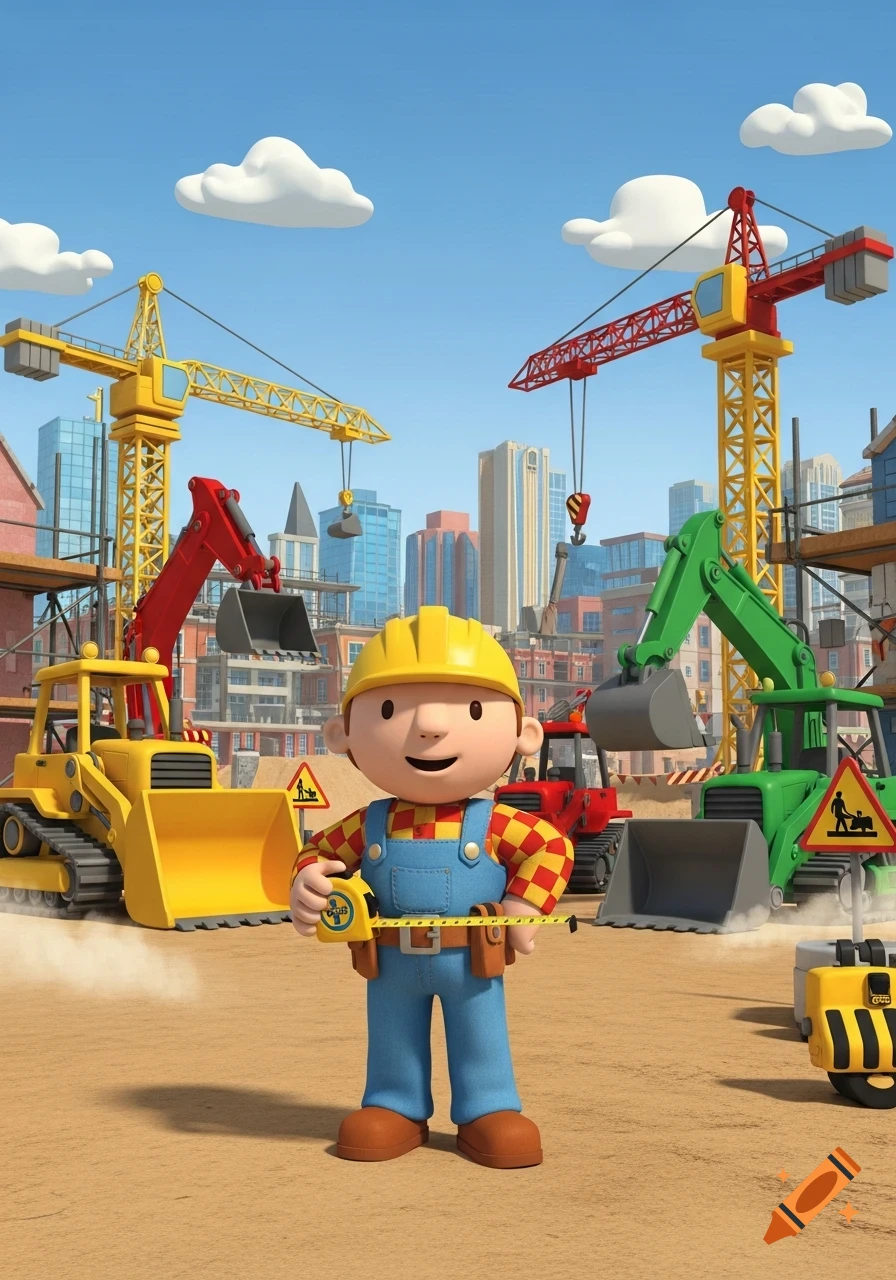 Bob the Builder holds a measuring tape at a bustling construction site with cranes, excavators, and city buildings.