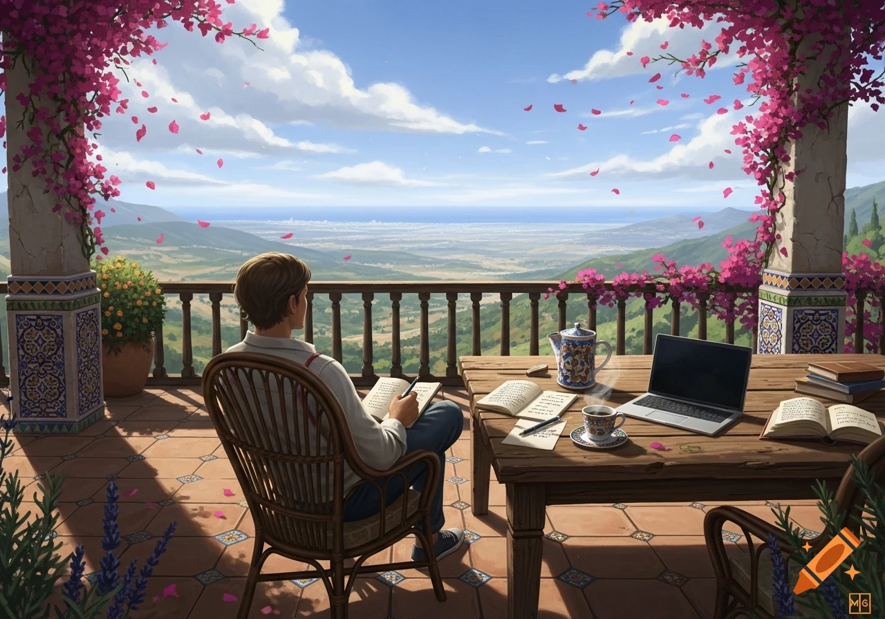 A man writes at a wooden table on a sunny balcony, overlooking a vast landscape with mountains and the sea, surrounded by pink bougainvillea.
