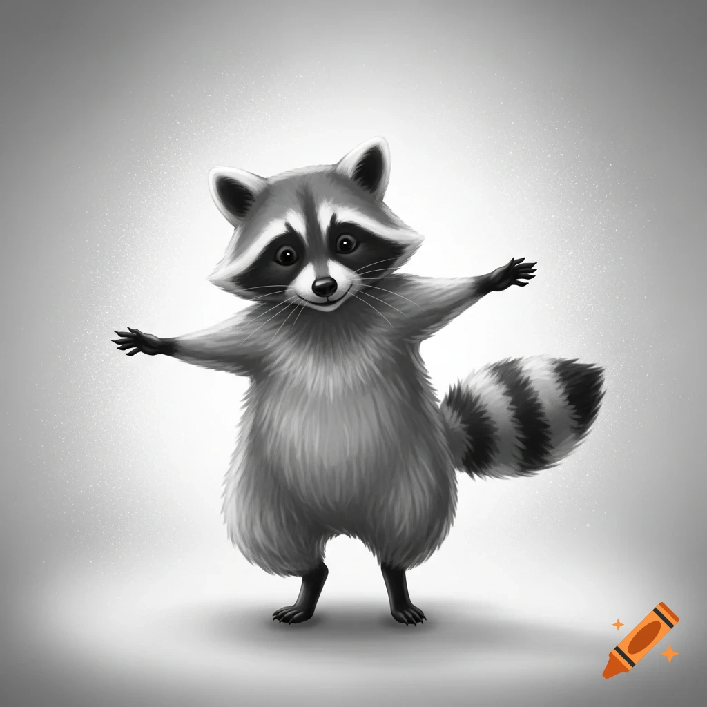 A cute, stylized gray raccoon stands with outstretched arms, as if dancing, against a light gray background.
