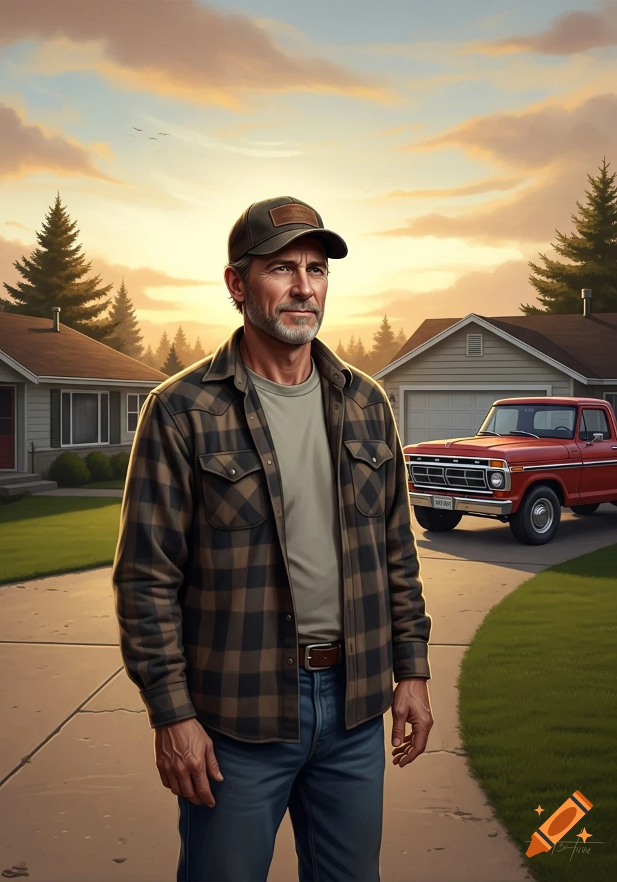 A middle-aged man in a plaid shirt and cap stands in a driveway with a red pickup truck and houses at sunset.