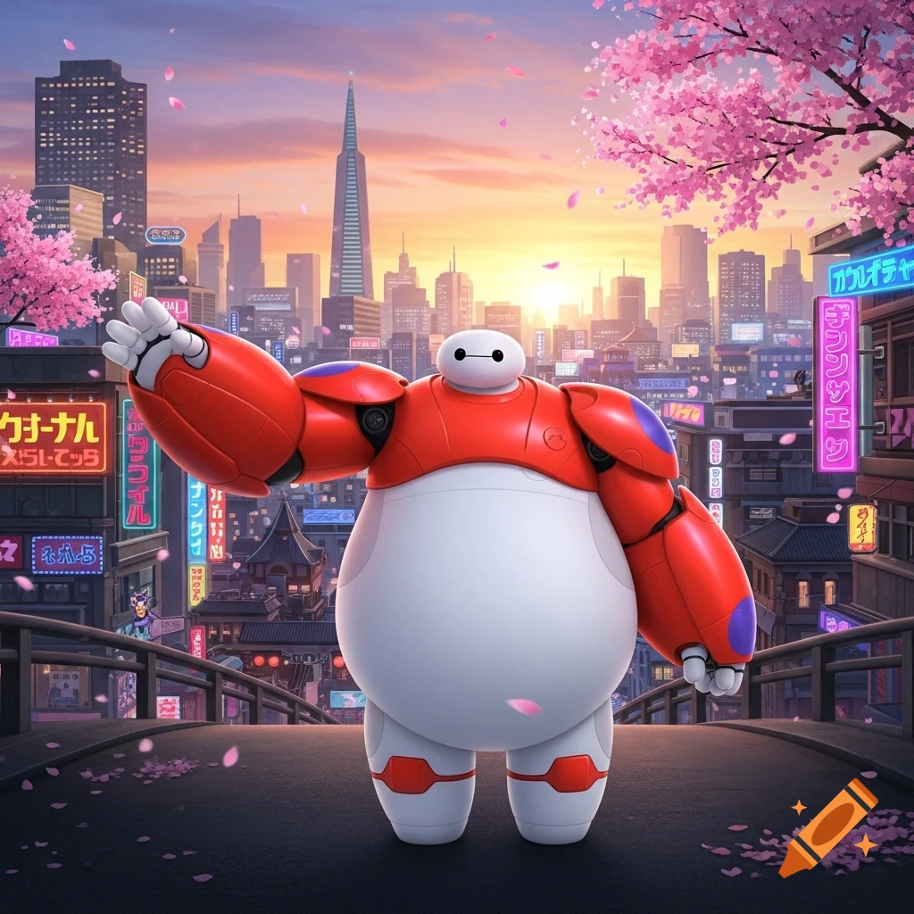 Baymax from Big Hero 6 stands on a bridge in a vibrant cityscape at sunset, with cherry blossoms and neon signs.