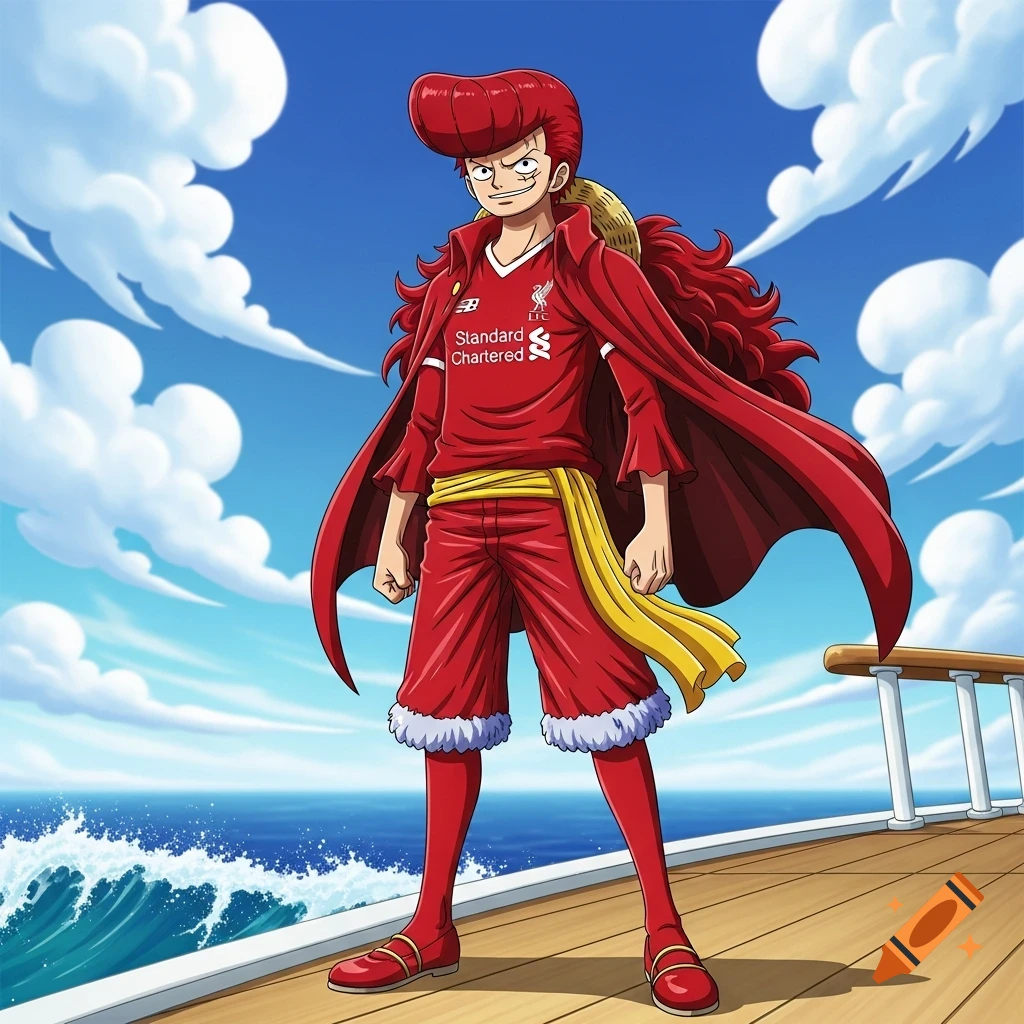 Red-haired anime character in a red Liverpool FC jersey stands on a ship deck, ocean and clouds in background.