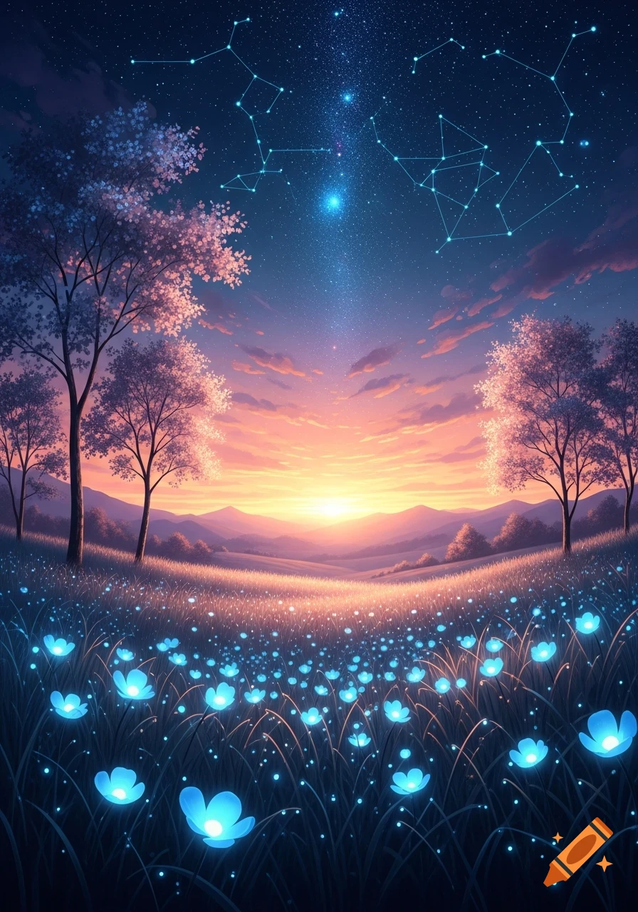 Fantasy landscape at dusk with a field of glowing blue flowers, trees, mountains, and a starry sky with constellations.
