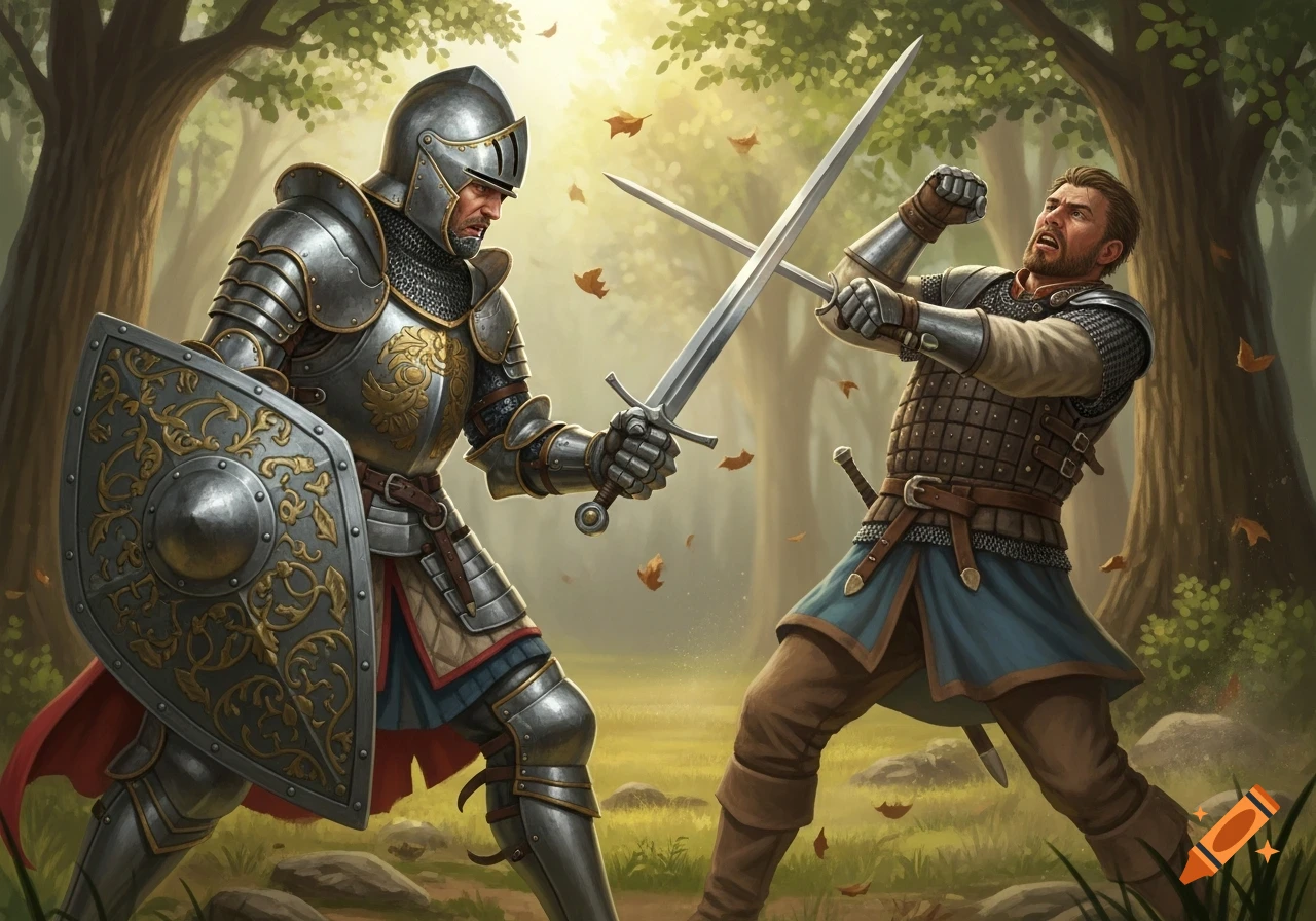 A fully armored knight and an unarmored warrior clash swords in a sunlit forest. Medieval fantasy art style.