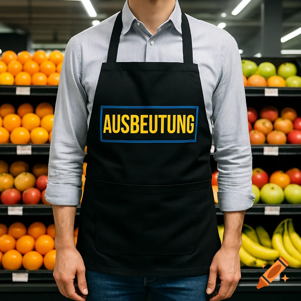 Person wearing a black apron with 'AUSBEUTUNG' in yellow text, standing in a supermarket aisle with fruit shelves.