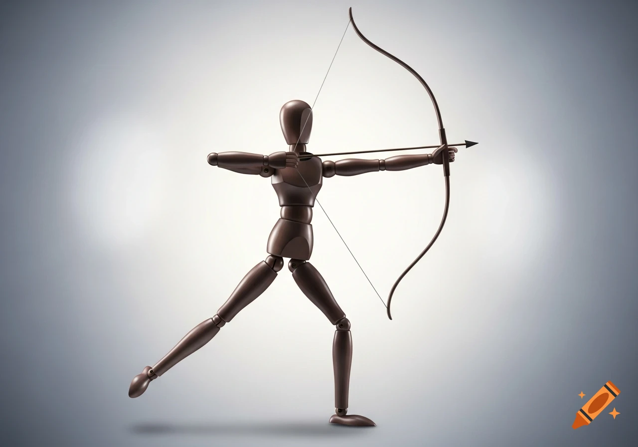 A wooden drawing mannequin in an archery pose, holding a bow and arrow against a grey gradient background.