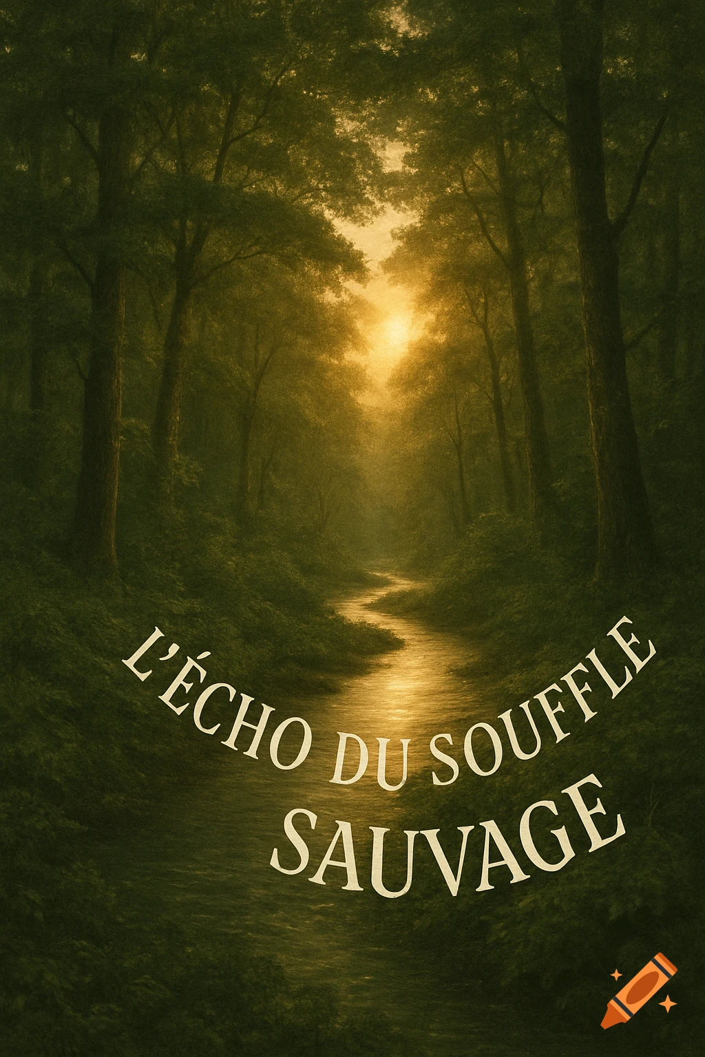 A mystical album cover featuring a winding river through a dense forest at sunrise, with text 'L' Écho du Souffle Sauvage'.