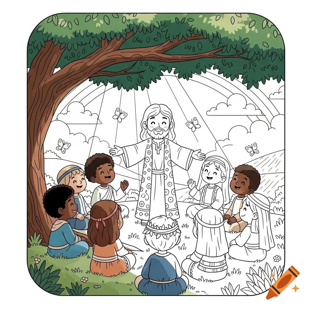 A cartoon coloring book page showing Jesus with a beard, in robes, with outstretched arms, talking to a diverse group of children sitting on grass under a tree, with butterflies.