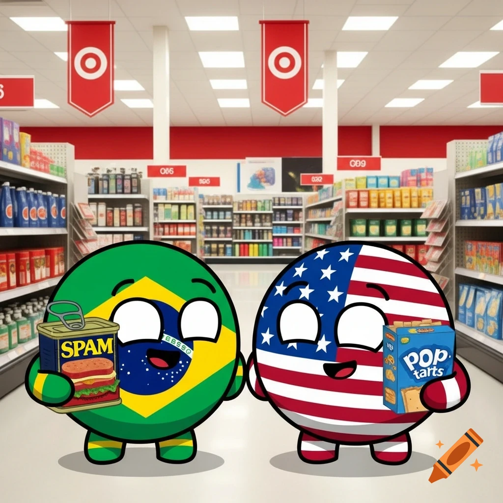 Cartoon countryballs of Brazil holding Spam and USA holding Pop-Tarts in a Target store.