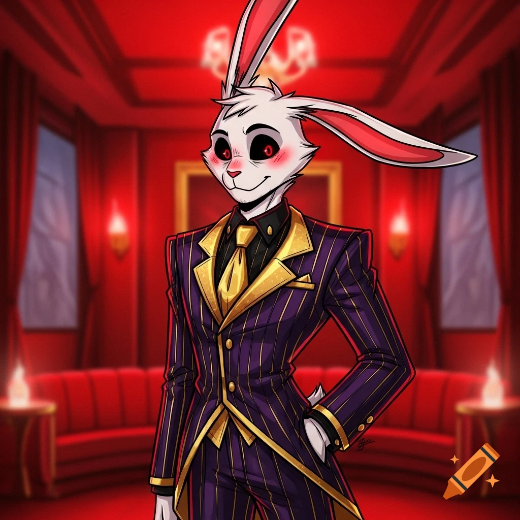 A male anthropomorphic bunny in a purple and gold pinstripe suit, with red eyes and blush, in a fancy red cartoon-style room.