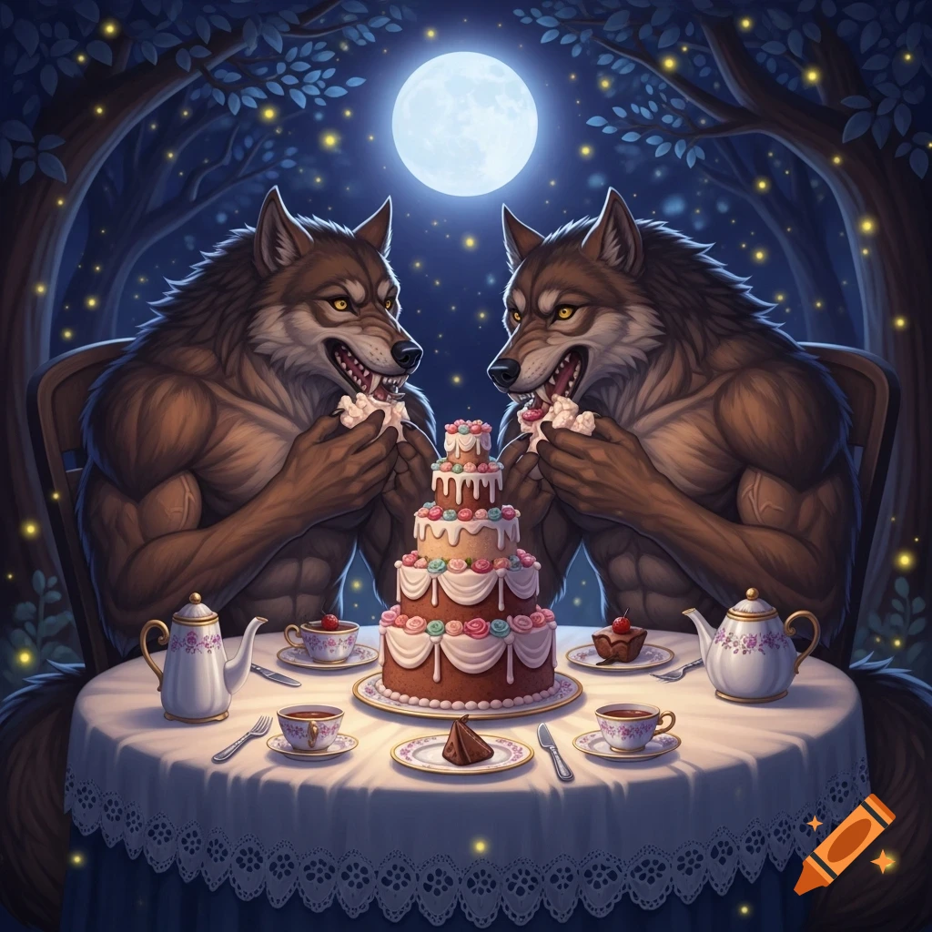 Two stylized werewolves with sharp teeth eating a tiered cake at a table in a magical forest under a full moon.