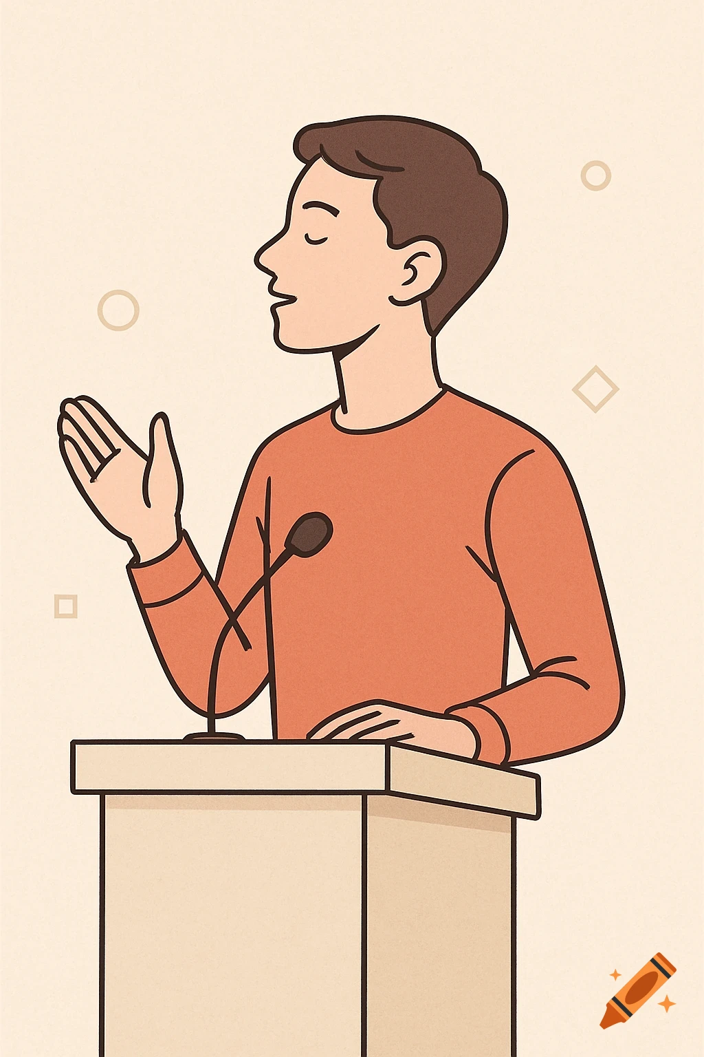 A young person with brown hair in an orange shirt speaks at a podium with a microphone, gesturing with an open hand, in a flat educational illustration style.