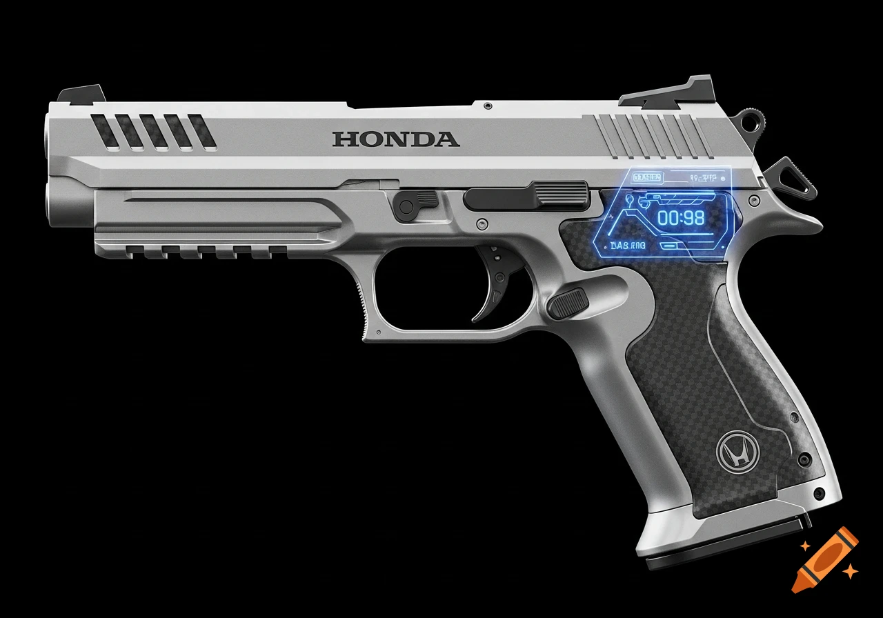 A photorealistic, grey and silver futuristic combat pistol with a glowing blue digital display, carbon fiber grip, and 'HONDA' text.