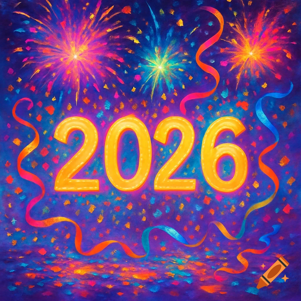 Vibrant illustration of 2026 with colorful fireworks, streamers, and confetti on a deep blue background.