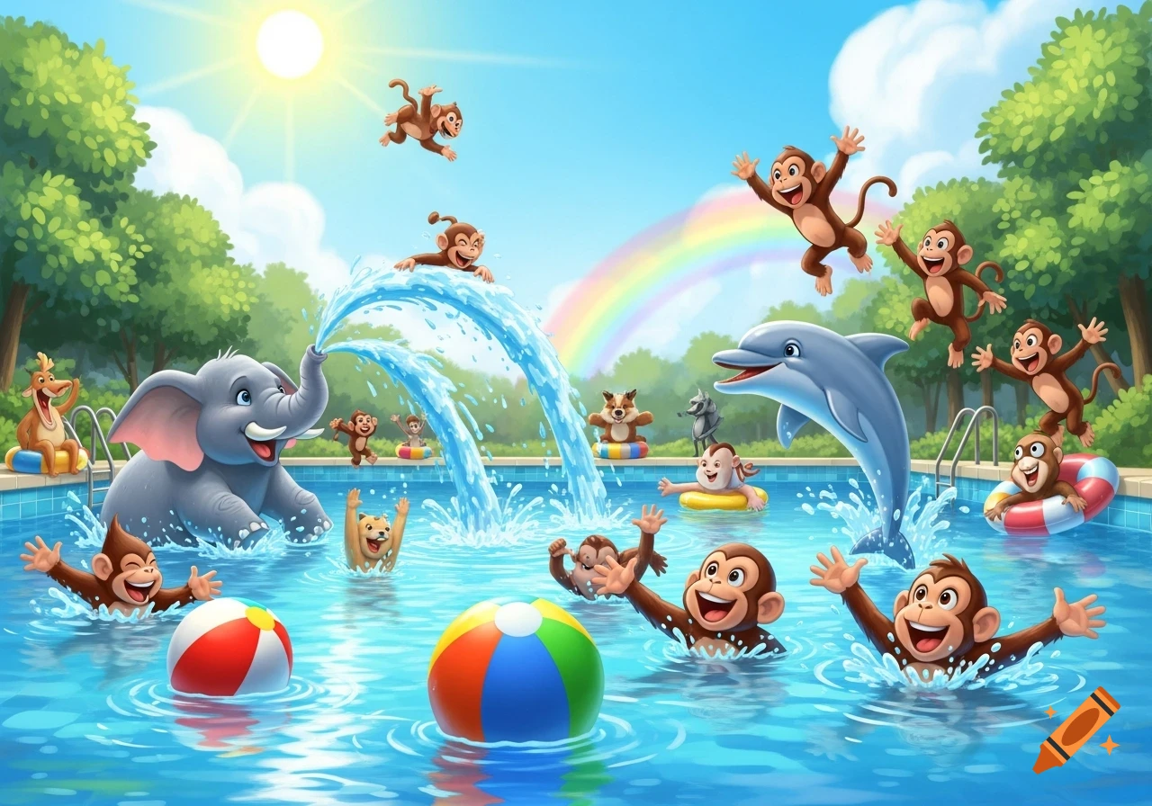 A cartoon elephant, dolphin, and many monkeys play happily in a swimming pool with beach balls, under a sunny sky with a rainbow.