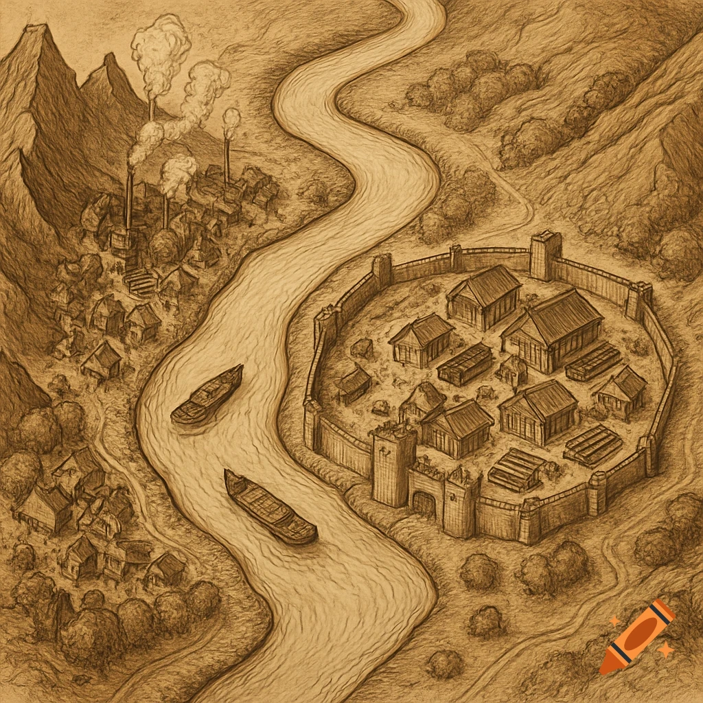 Bird's eye view fantasy map of a fortified town with a lumber mill on a winding river through mountains, drawn in an old sketch style.
