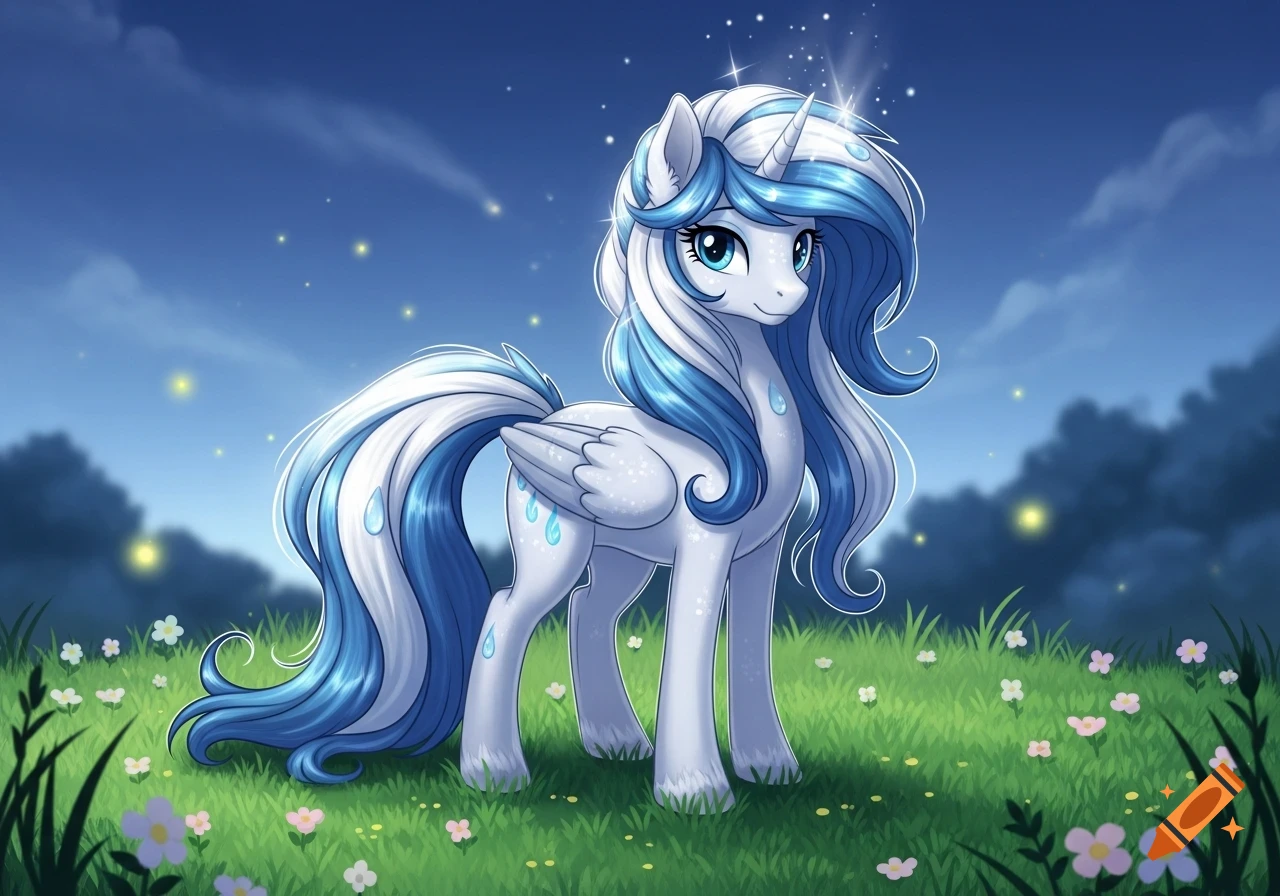 A white and blue Kirin pony with a flowing mane, small wings, and teardrop patterns stands in a starry field of grass and flowers at night.