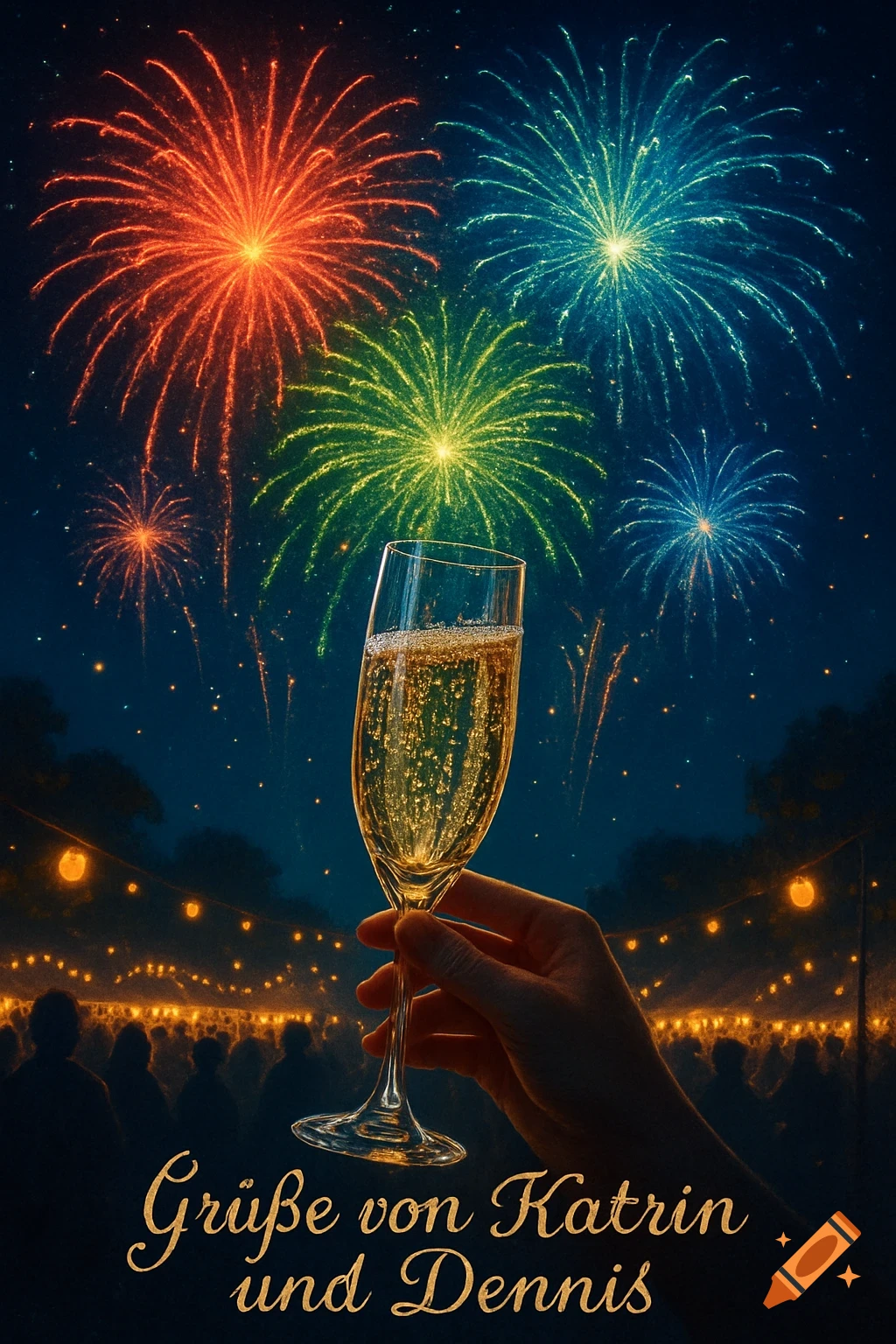 A hand holds a champagne flute against a night sky filled with colorful fireworks and string lights, with the text 'Grüße von Katrin und Dennis'.