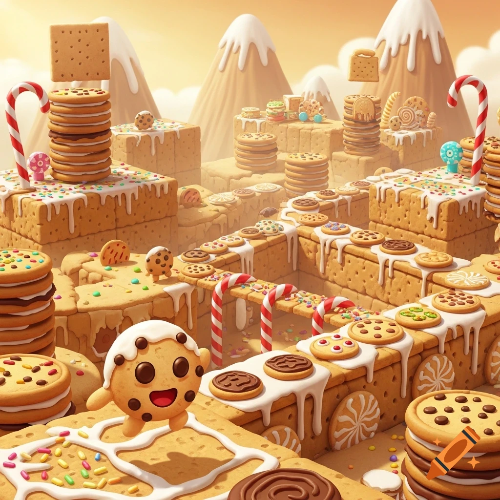 Whimsical cookie and candy platformer landscape with a smiling cookie character.