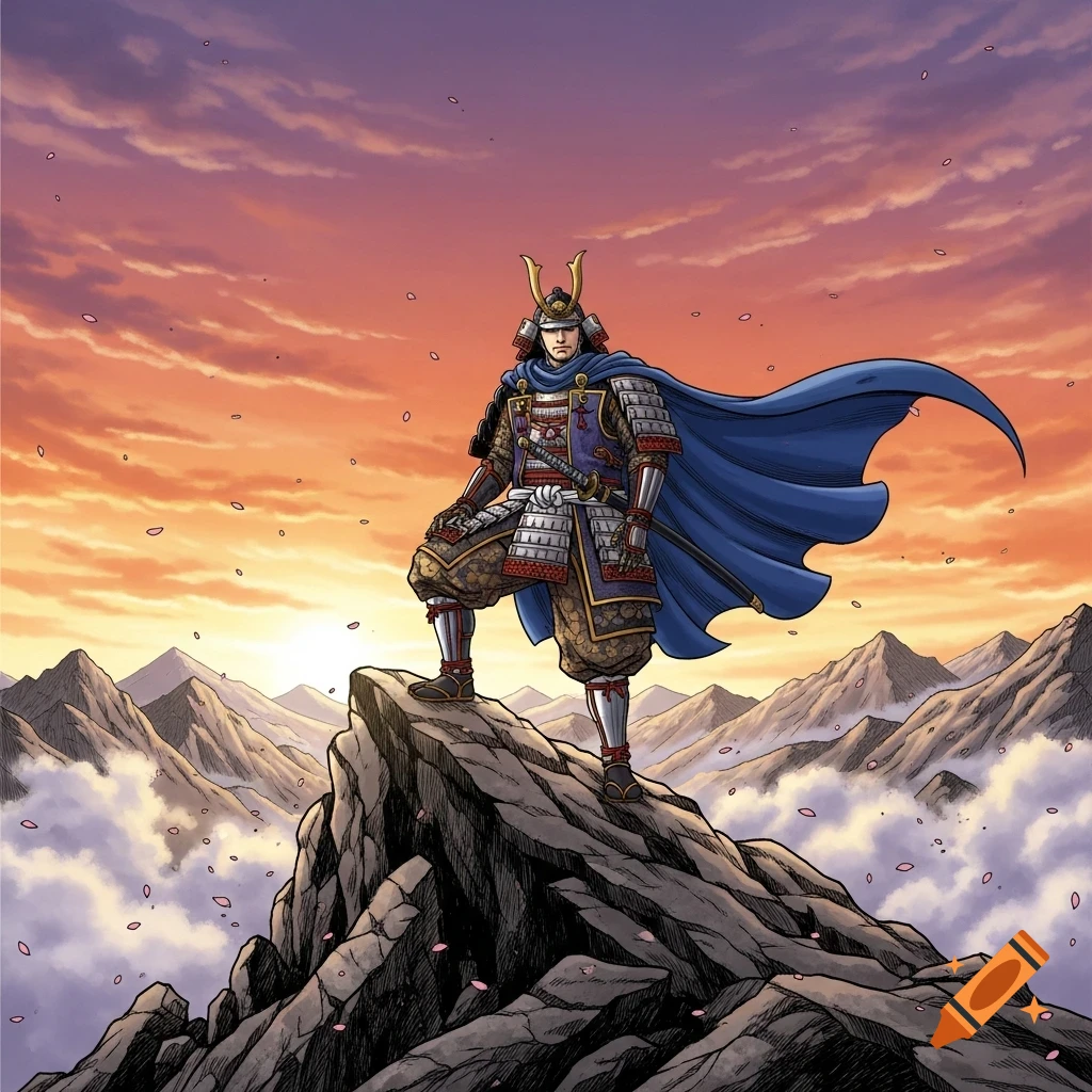A samurai warrior in full armor and a blue cape stands on a rocky mountain peak at sunset, overlooking clouds in manga style.