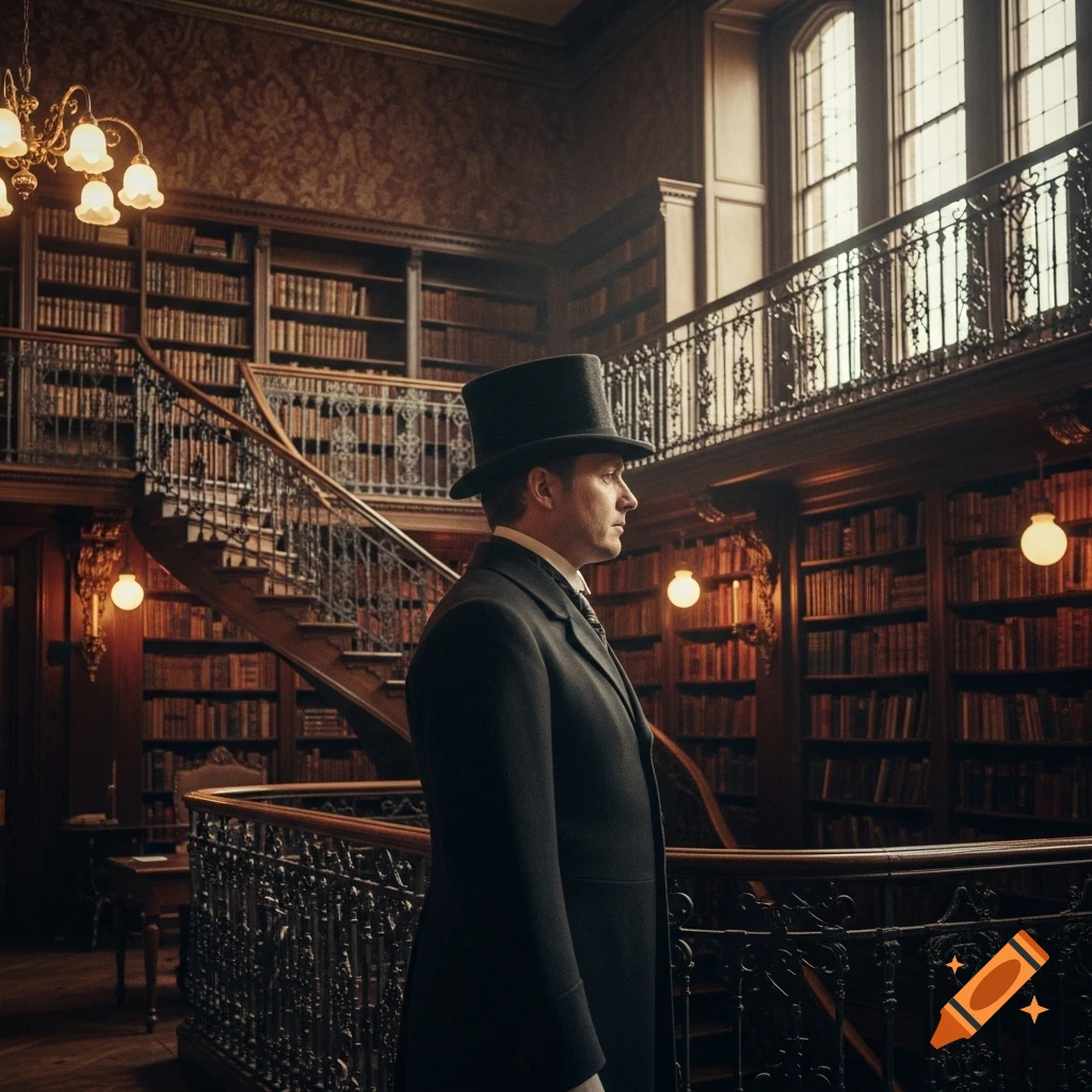 A man in a top hat stands in an ornate Victorian library with a winding staircase and towering bookshelves.